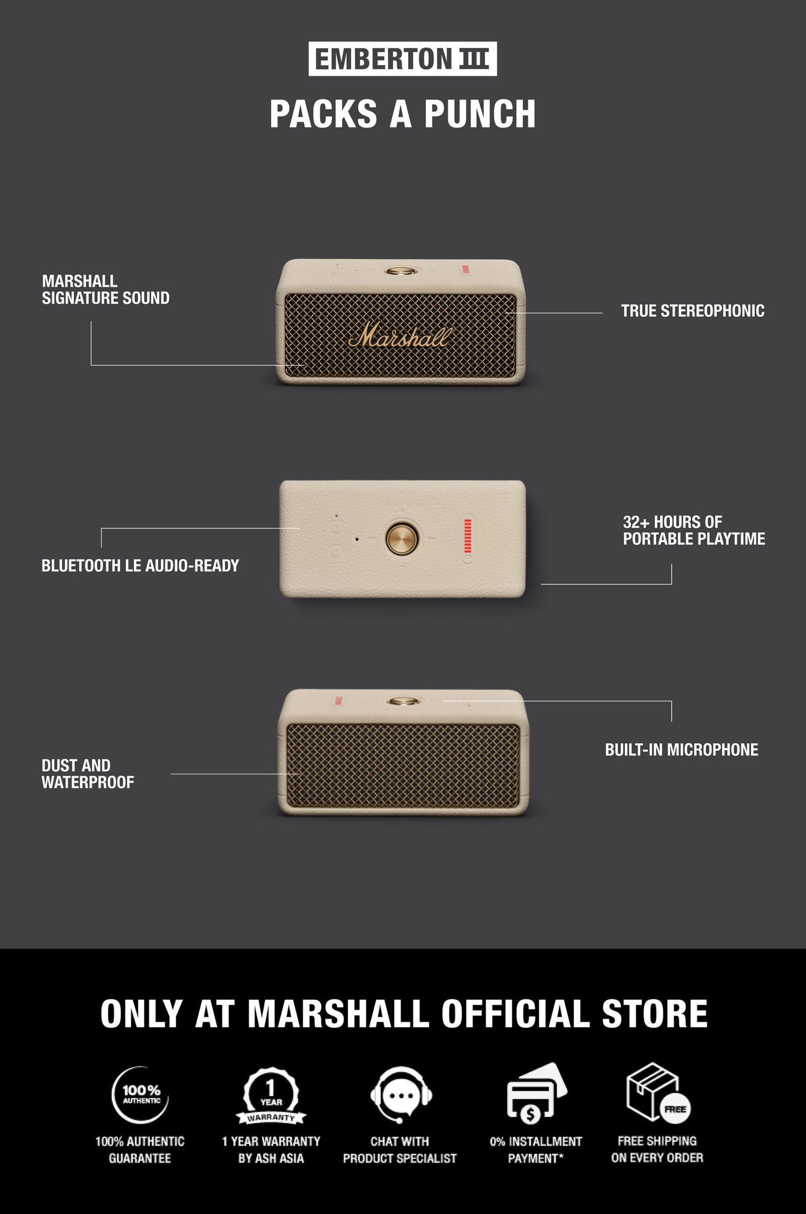 【24H MY Delivery】MARSHALL EMBERTON III Portable Bluetooth Speaker - Cream - Image 8